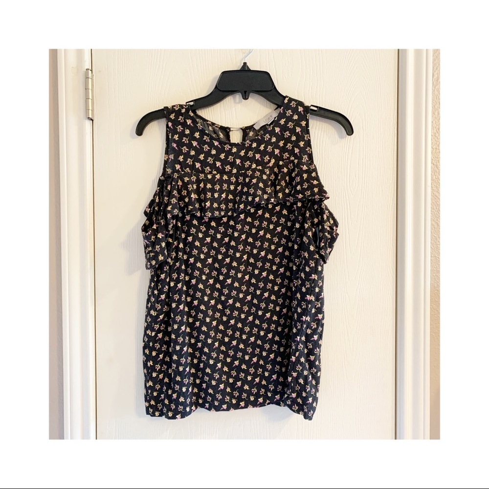 Loft Cold Shoulder Short Sleeve Black Floral Blouse Medium